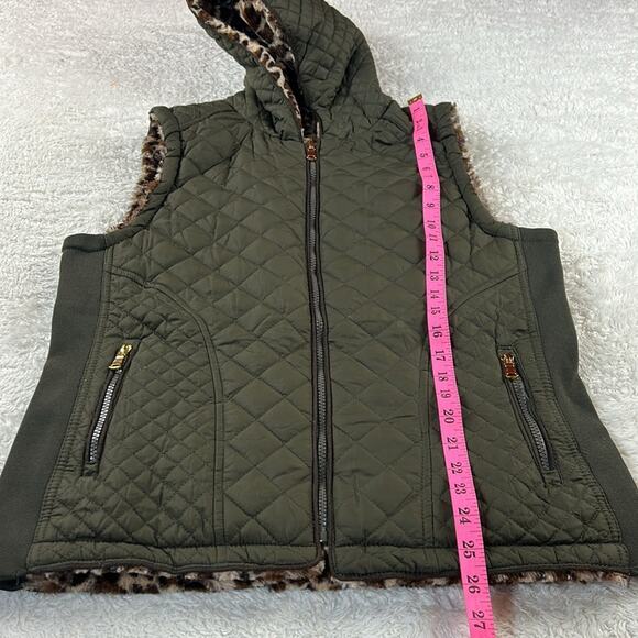 Special one by Rock Revolution green and Cheetah fur reversible puffer vest, L - Picture 6 of 12